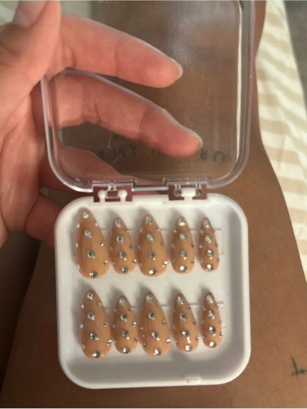 Rhinestone Nude Press-On Nail Set - Sparkling Beige Almond Tips
